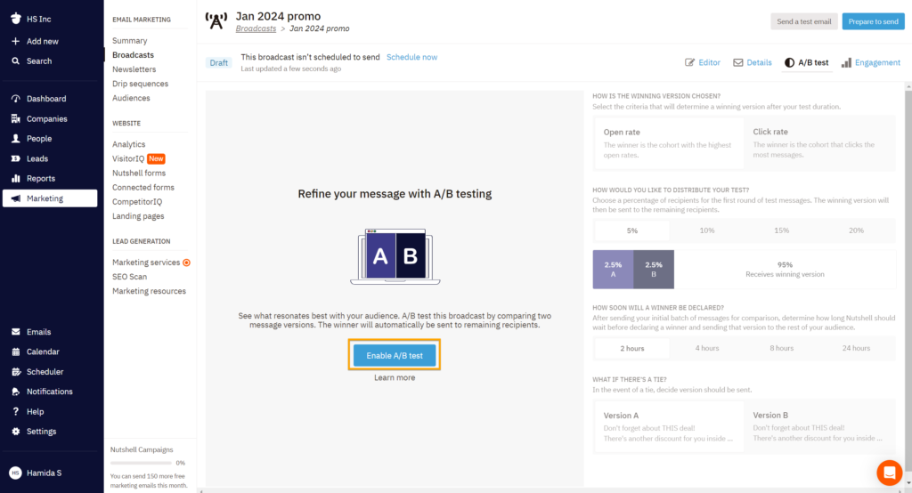 a screenshot of the a/b testing page in Nutshell 