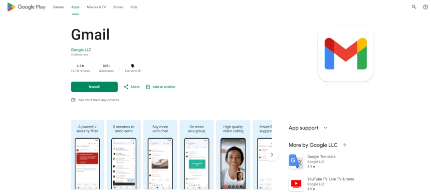 gmail application page on google play store
