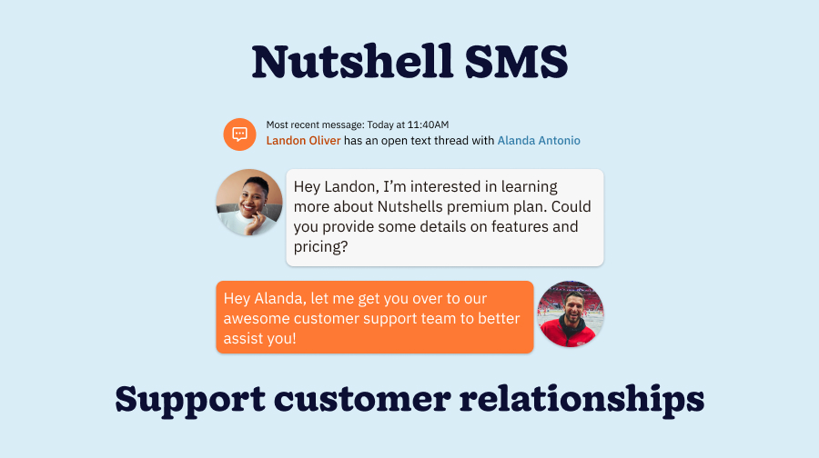 Nutshell SMS announcement with tagline "Support customer relationships"